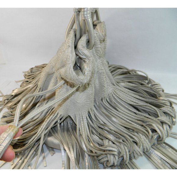 Edgy Boho Katherine Kwei Eternity Knot Dbl Layer Fringe Metallic Handbag Purse - Picture 11 of 16